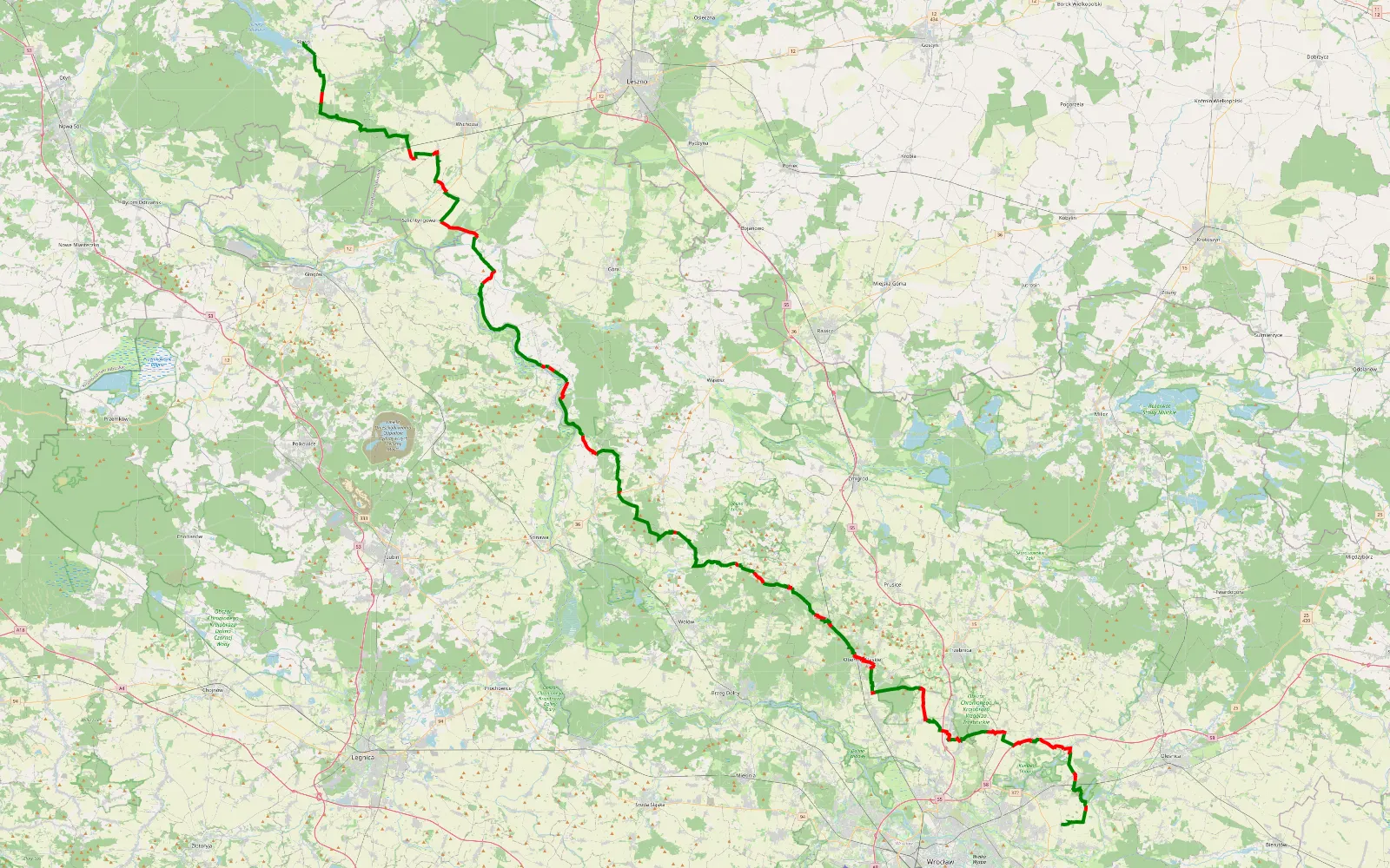 Map of | Piecowice tulipanowa → gmina Sława - 165.9 km offroad trail, Wschowa County