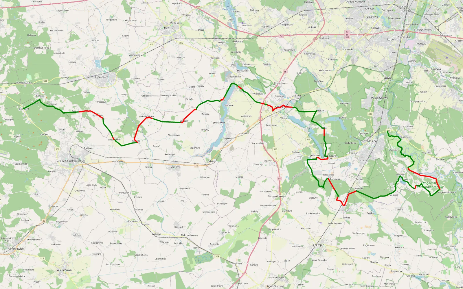 Mapa trasy Puszczykowo - Zajazd w Bialej - 88.3 km trasy offroad, Powiat Poznański