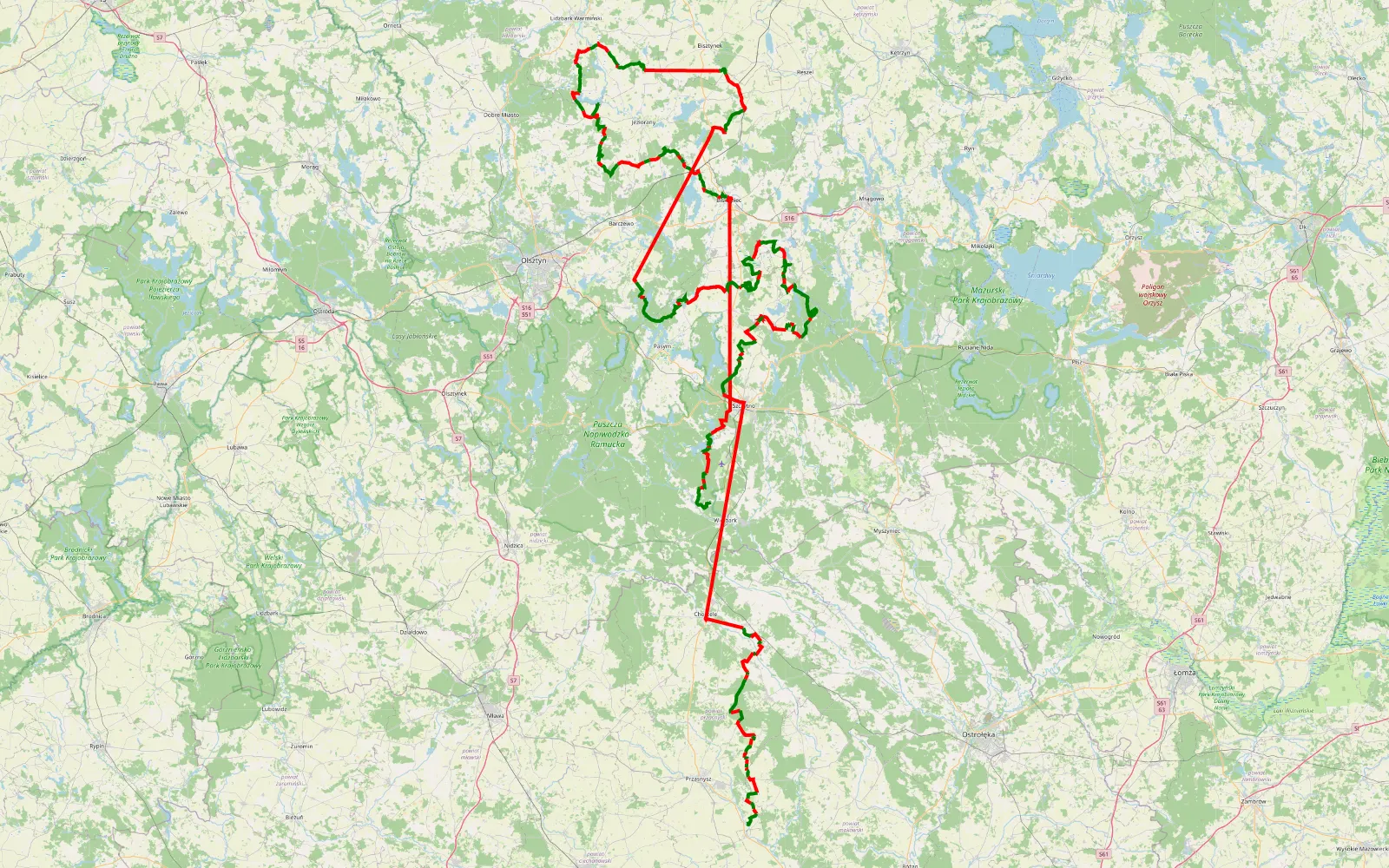 Mapa trasy 4 dni Warmia, śladem Wierzb i LCAC plus modyfikacje i własne poszukiwania. - 414.7 km trasy offroad, Powiat Szczycieński