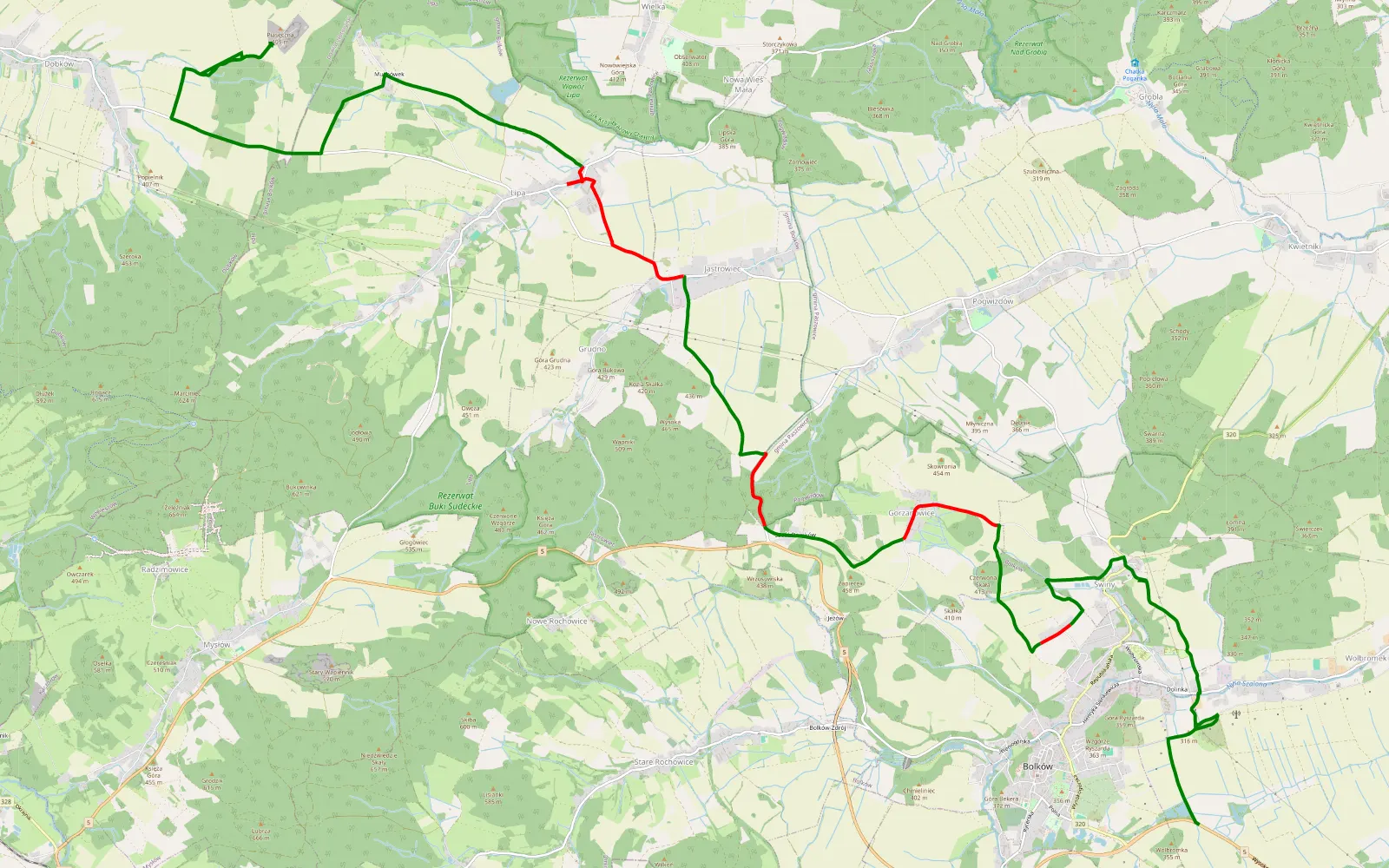 Map of Bolków - Dobków - 17.8 km offroad trail, Jawor County