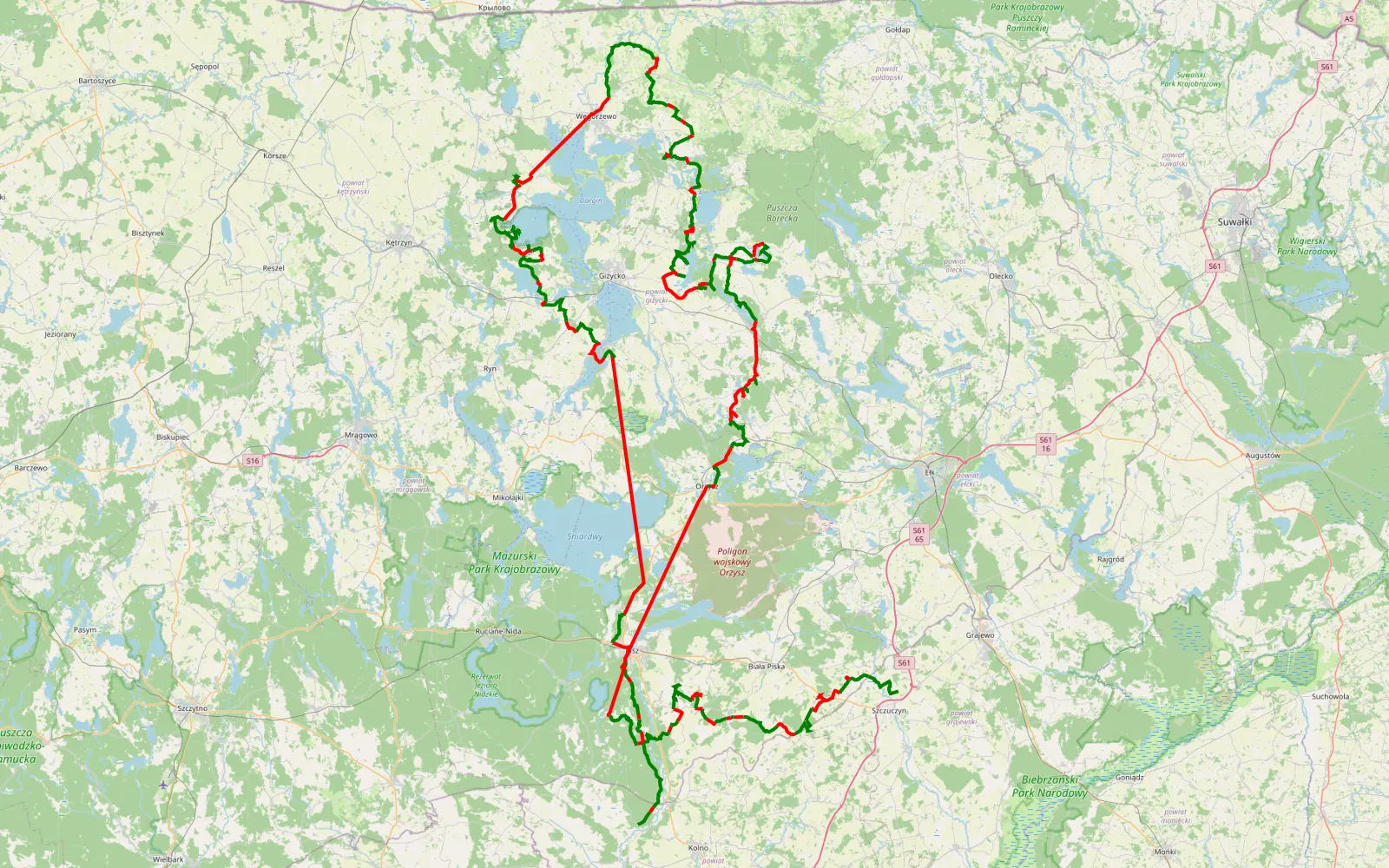 Mapa trasy 4 dni Mazury, noclegi na dziko. Inspirowane trasami LCAC plus modyfikacje. - 399.4 km trasy offroad, Powiat Piski