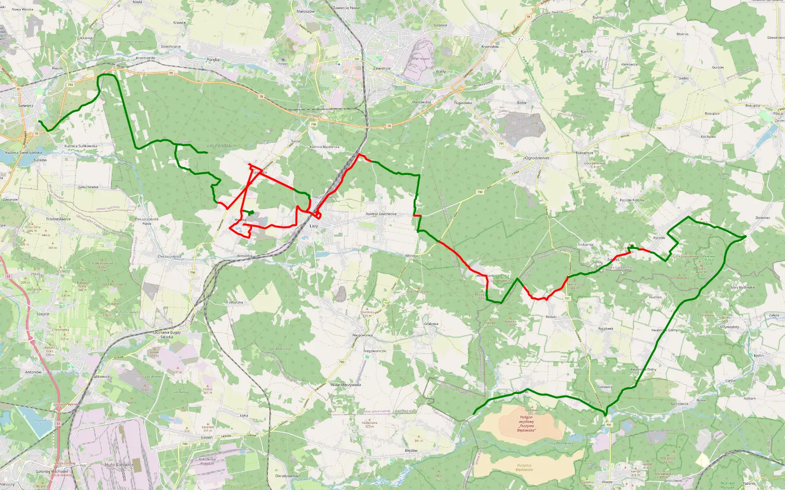 Mapa trasy Trasa offroad 63.6 km, Powiat Zawierciański - 63.6 km trasy offroad, Powiat Zawierciański