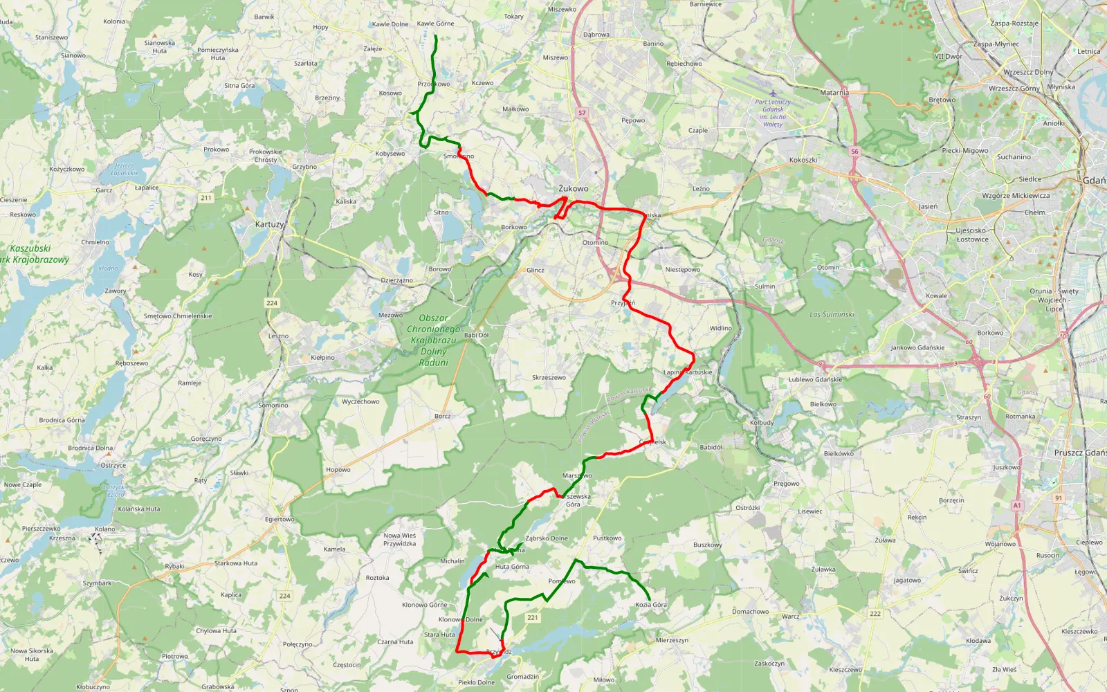 Map of Kawle Dolne - Kozia Gora - 45.7 km offroad trail, Gdańsk County