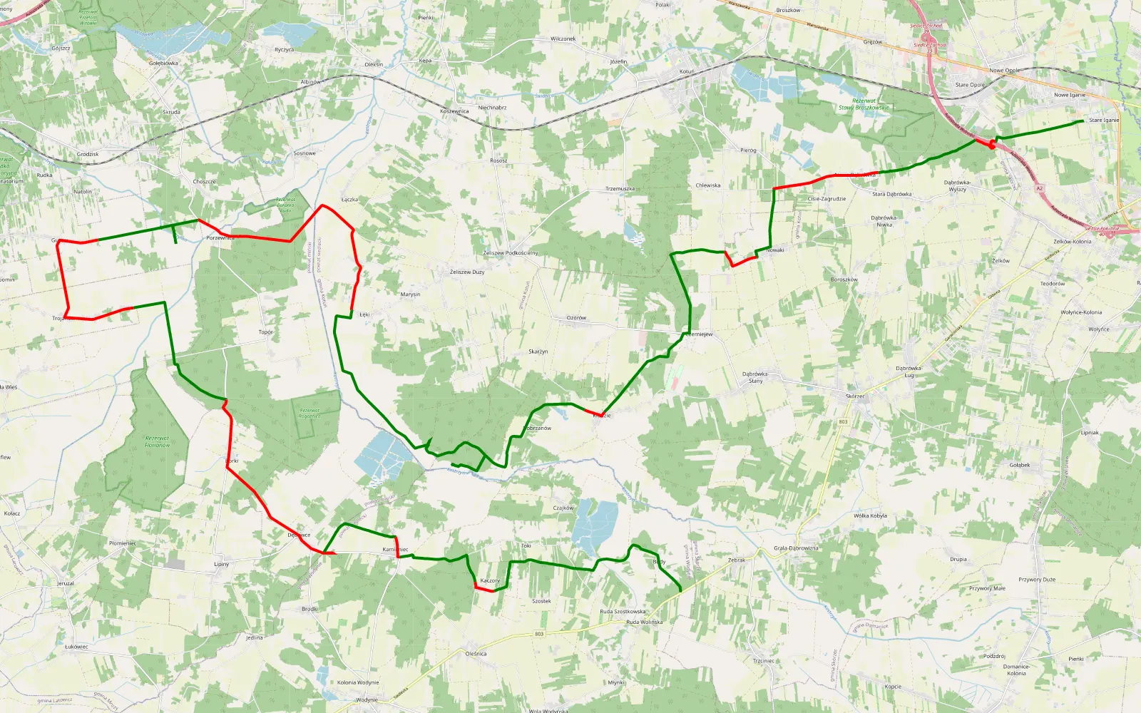 Mapa trasy Iganie Stare - Budy - 63.3 km trasy offroad, Powiat Siedlecki