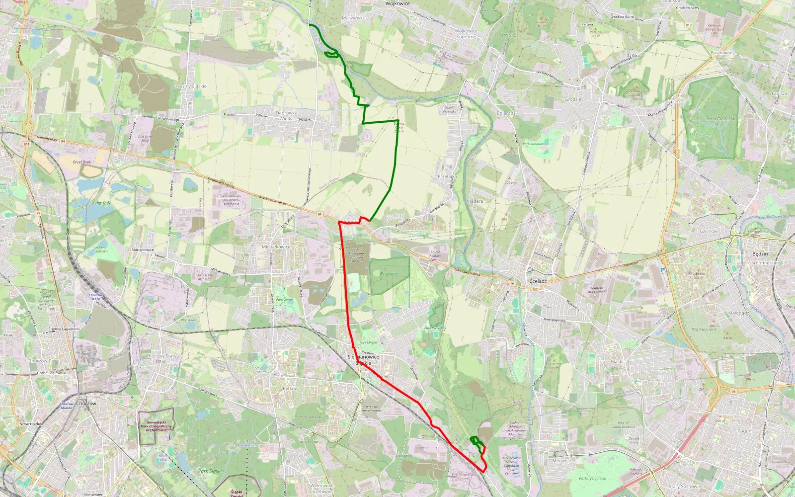 Map of Wojkowice, Żychcice - Stary Czekaj - 14.2 km offroad trail, Siemianowice Śląskie