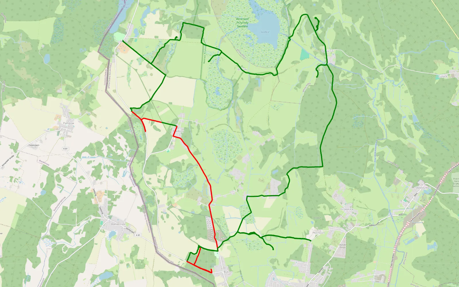 Map of Płochocin - Węgorniki - Stolec - Lęgi - Płochocin - 38.8 km offroad trail, Police County