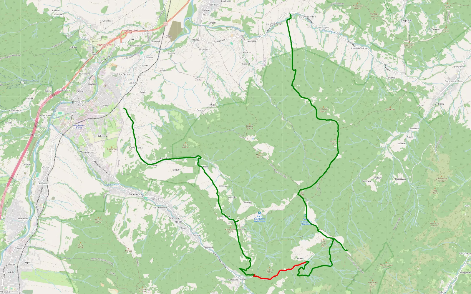 Mapa trasy Juszczyna - Górska Stacja Turystyczna Słowianka - Cięcina - 20.7 km trasy offroad, Powiat Żywiecki