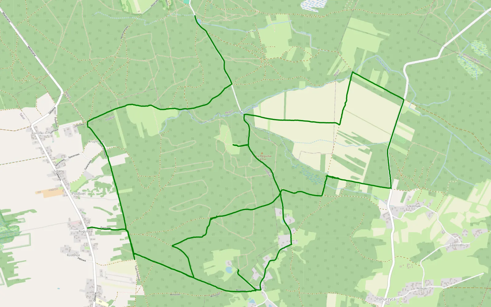 Mapa trasy Regut - Podbiel - leśnymi duktami - 16.7 km trasy offroad, Powiat Otwocki