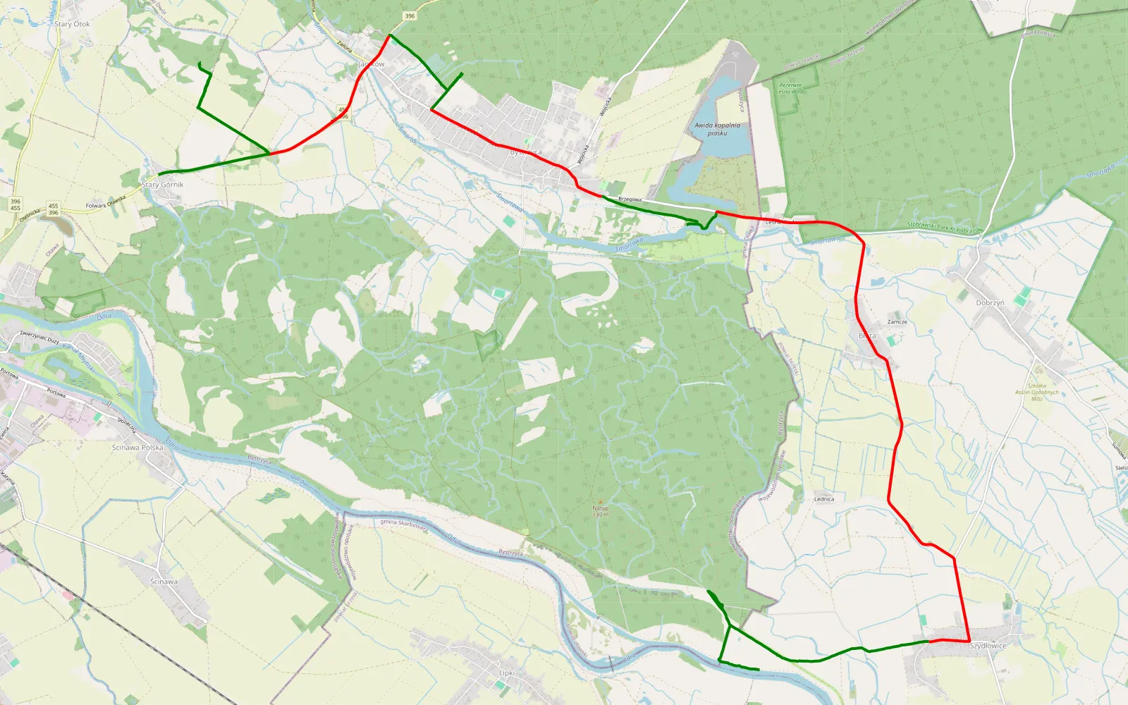 Mapa trasy Czerwony Dwór - Stary Górnik - 21.9 km trasy offroad, Powiat Oławski