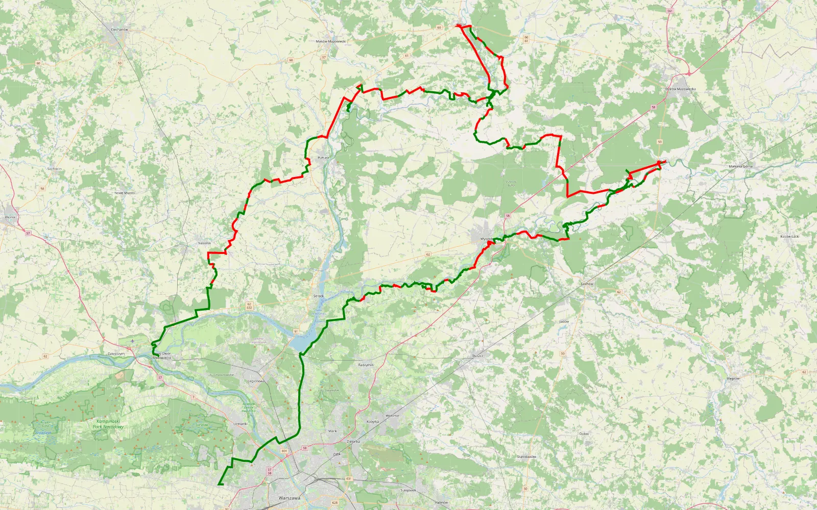 Mapa trasy Nowy Dwór Mazowiecki - Pułtusk-Gnojno-Rozan-Brok-Kuligów - 265 km trasy offroad, Powiat Wyszkowski