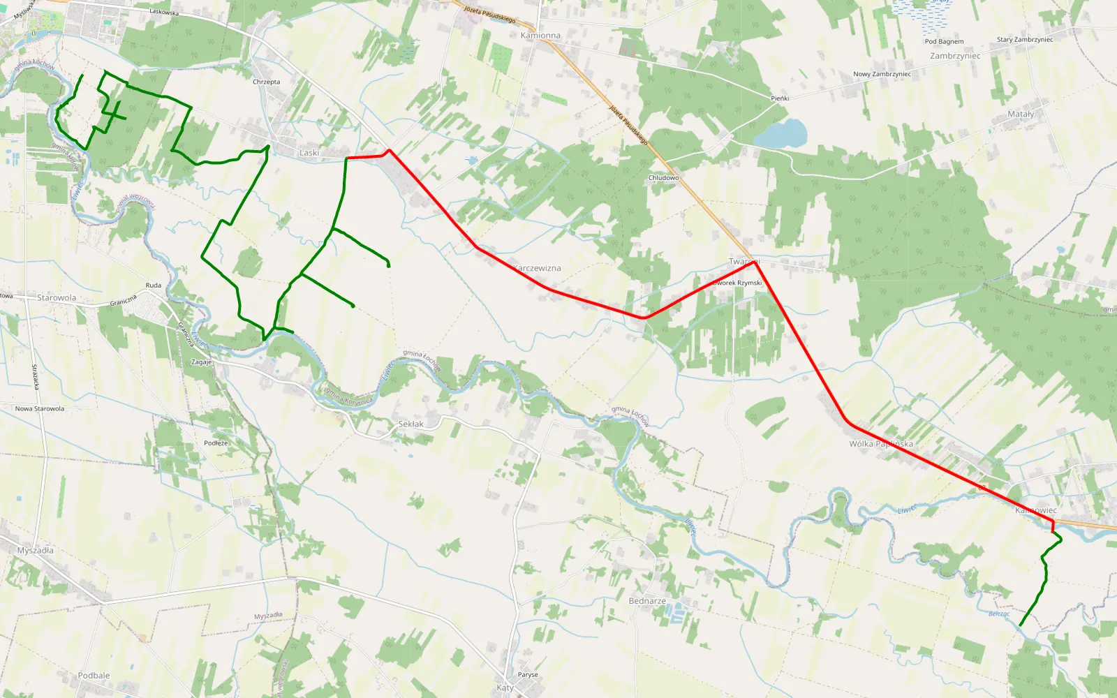 Map of Chrzepta - Kalinowiec - 20.9 km offroad trail, Węgrów County