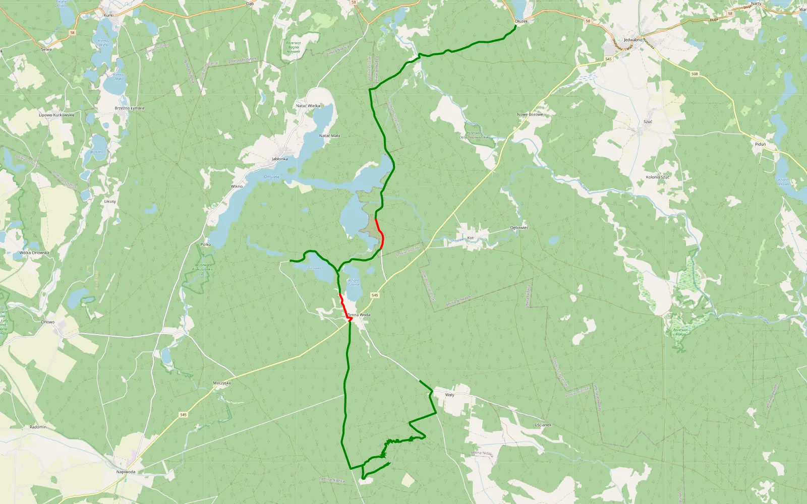 Map of Dłużek - Złote Góry - Zimna Woda - 35 km offroad trail, Nidzica County