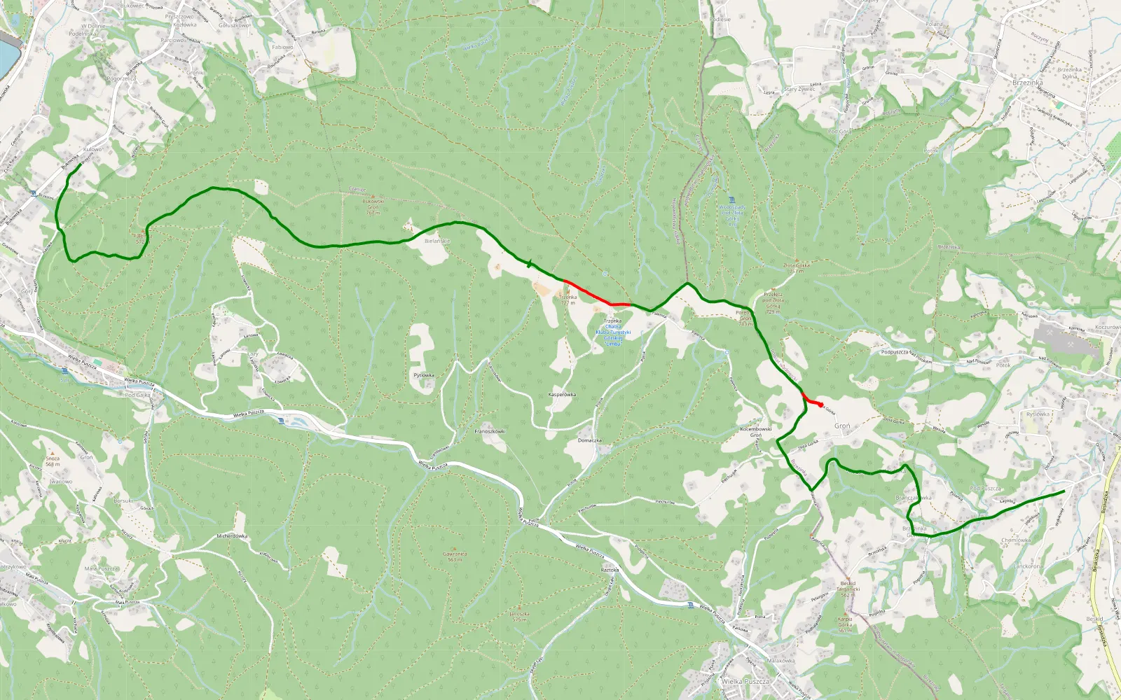 Mapa trasy Targanice - Porębski Groń - Przełęcz Bukowska - Trzonka - Bukowiec. 2025/12 - 7.8 km trasy offroad, Powiat Bielski