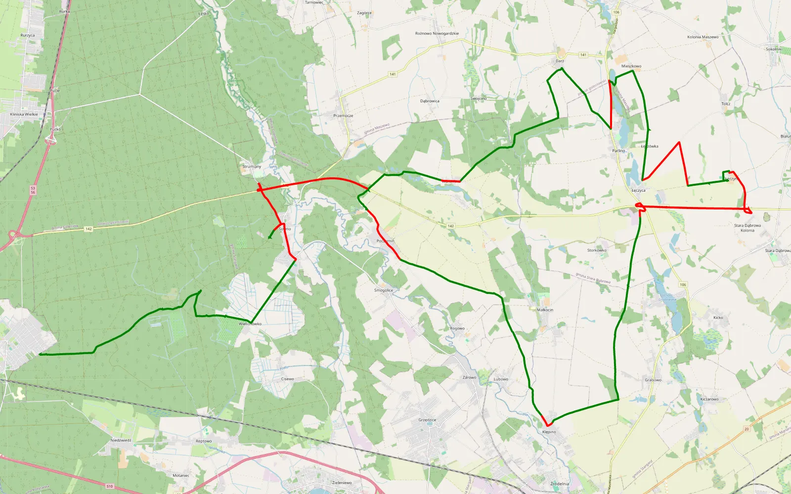 Mapa trasy Poczernin - Wielgowo-Sławociesze - 68.9 km trasy offroad, Powiat Stargardzki