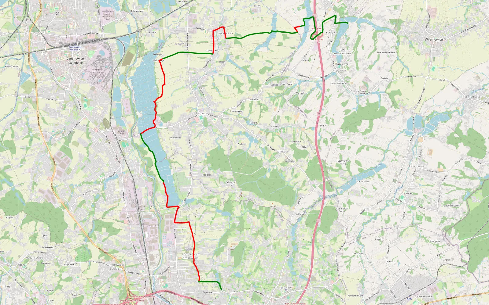 Map of Bielsko-Biała, Czechowice, Wilamowice - 15.8 km offroad trail, Bielsko County
