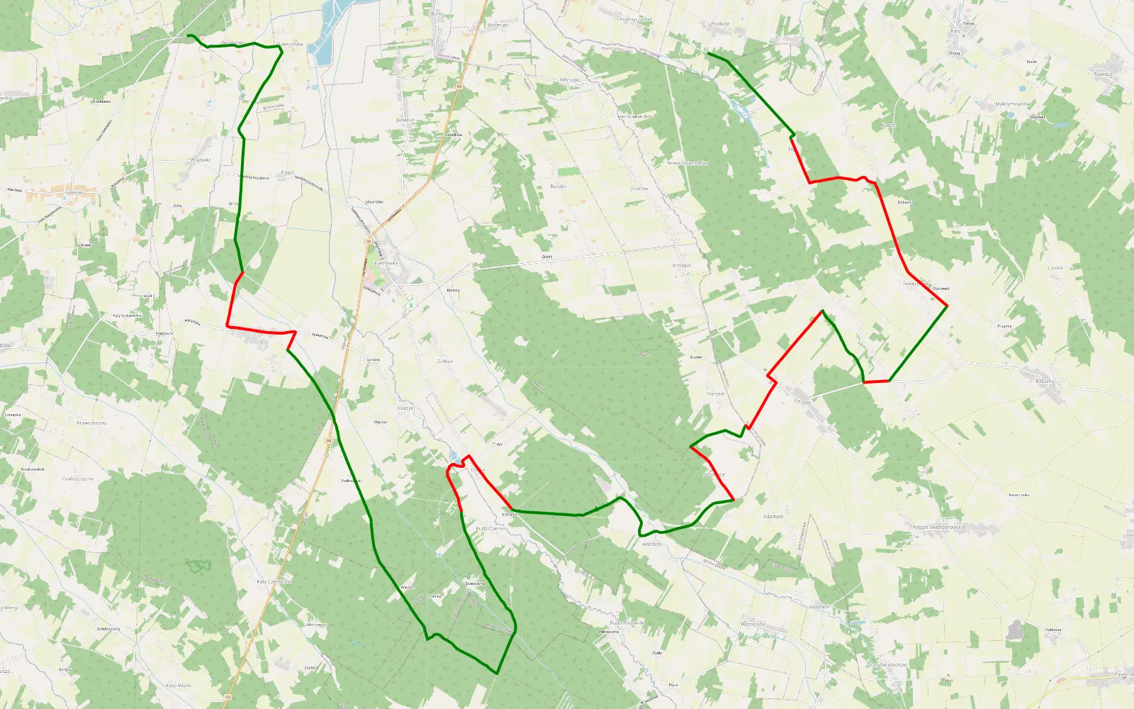 Mapa trasy Podbale - Rynia - Wyglądały - 36.8 km trasy offroad, Powiat Wołomiński
