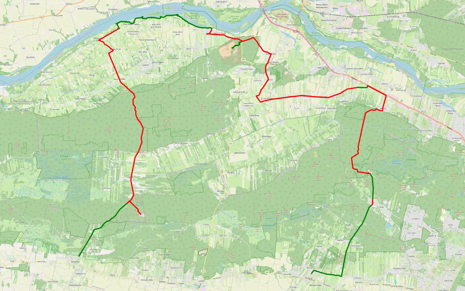 Mapa trasy Kampinos - Wyględy - 63.1 km trasy offroad, Powiat Nowodworski