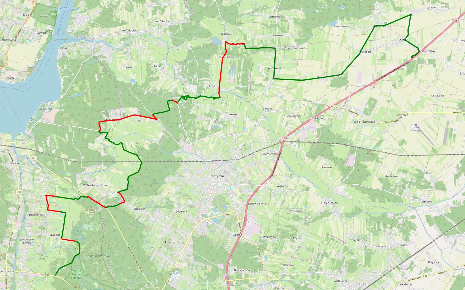 Mapa trasy Stanisławów Pierwszy - Karpin - 32.3 km trasy offroad, Powiat Wołomiński