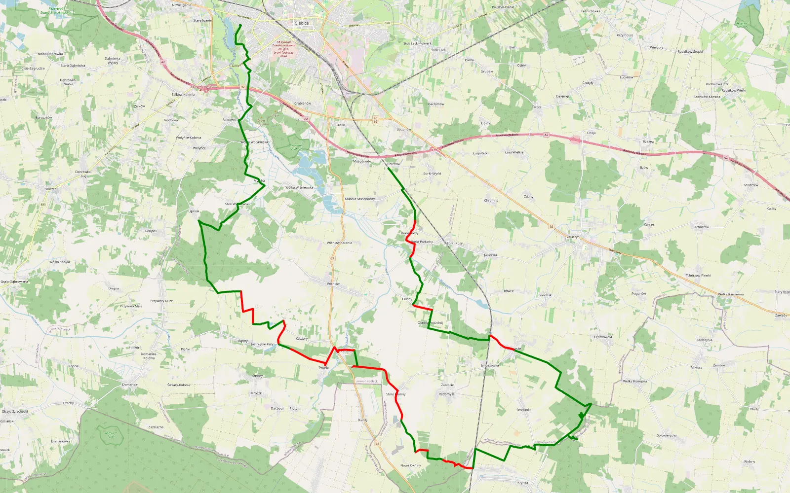 Mapa trasy Borki Kostorki - Iganie Stare - 46.8 km trasy offroad, Powiat Siedlecki
