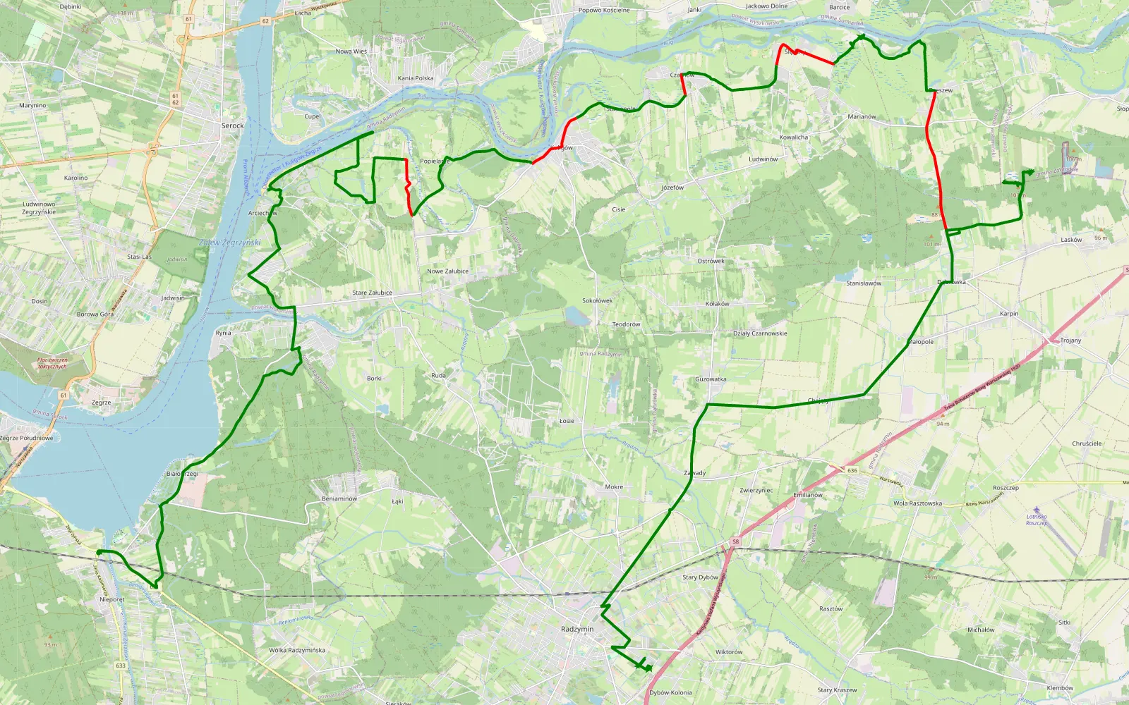 Mapa trasy Nieporęt - Dybów Kolonia - 35.9 km trasy offroad, Powiat Wołomiński
