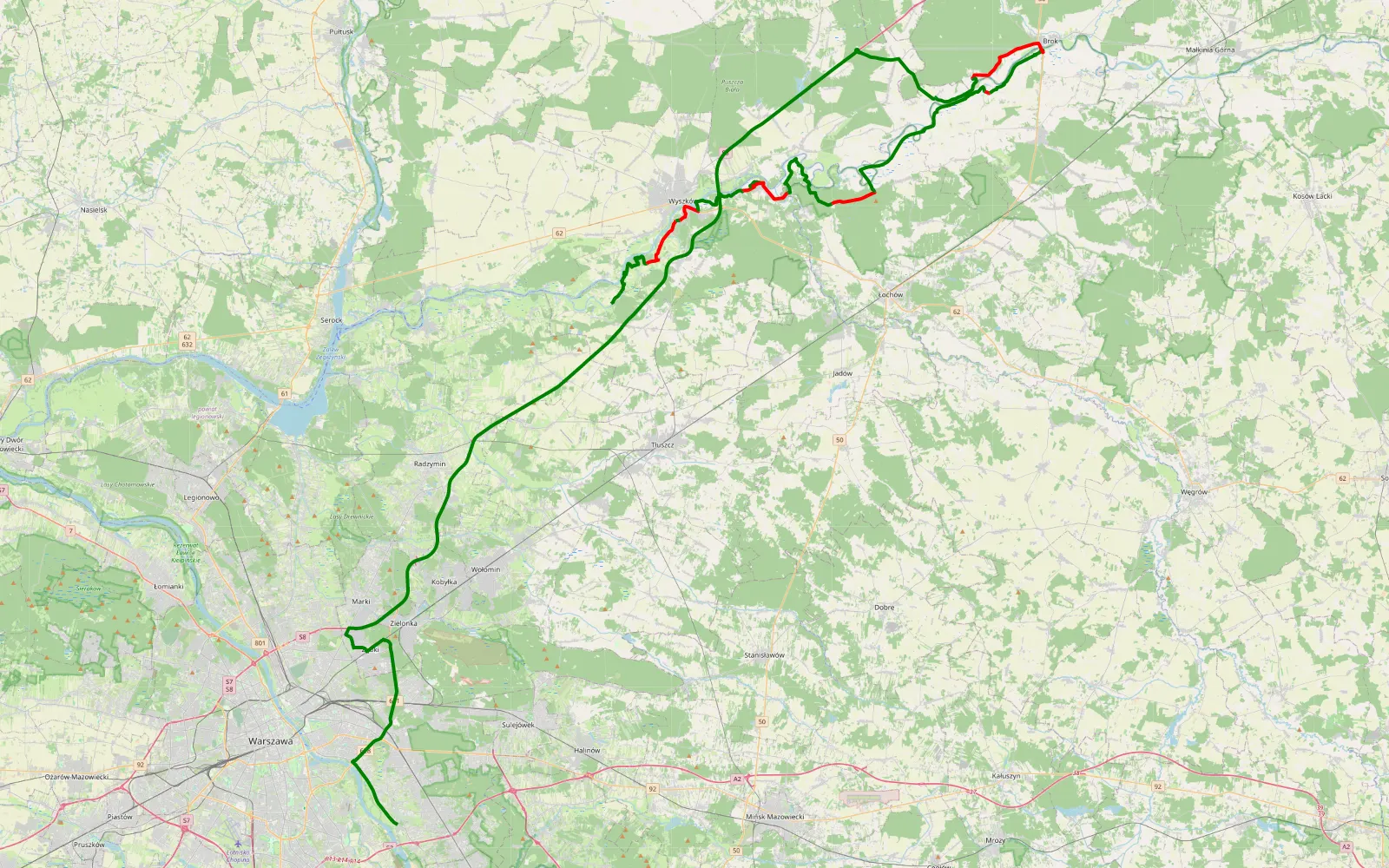 Mapa trasy Wólka Słopska - Wólka Zerzeńska - 68.8 km trasy offroad, Powiat Wyszkowski
