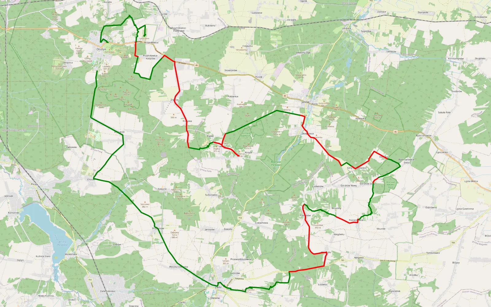 Mapa trasy Olsztyn - azymut KJ - 57.5 km trasy offroad, Powiat Częstochowski
