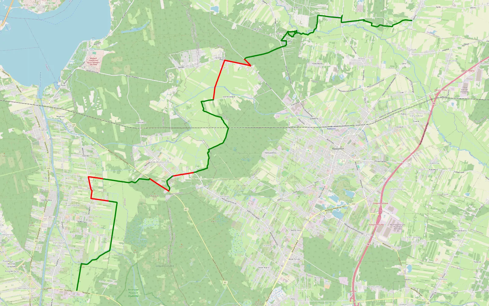 Mapa trasy Stanisławów Pierwszy - Guzowatka - 20.9 km trasy offroad, Powiat Legionowski
