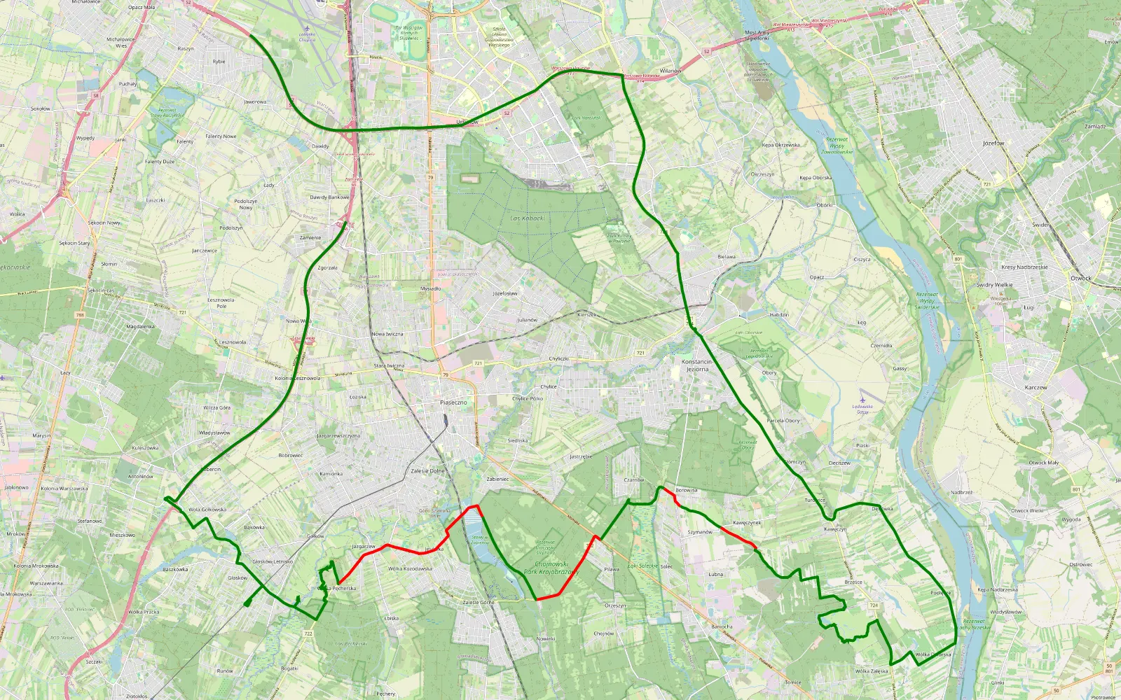 Mapa trasy Dawidy Bankowe - Załuski - 26.3 km trasy offroad, Powiat Piaseczyński