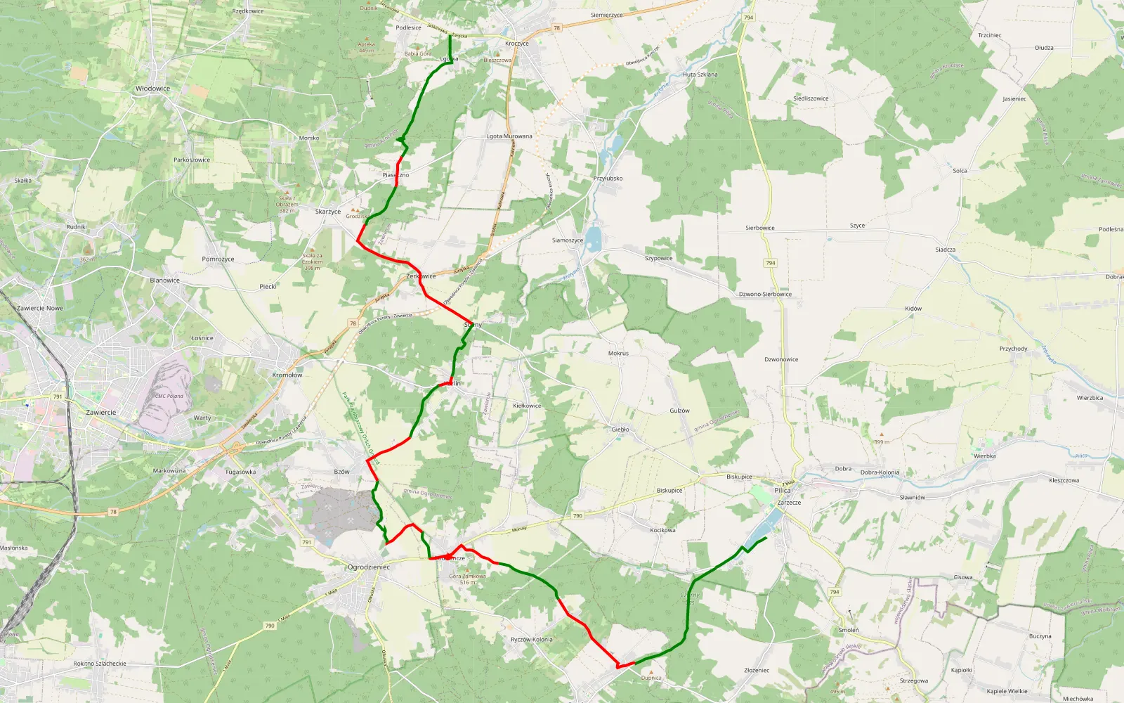 Map of Pilica - Lgotka - 27.9 km offroad trail, Zawiercie County