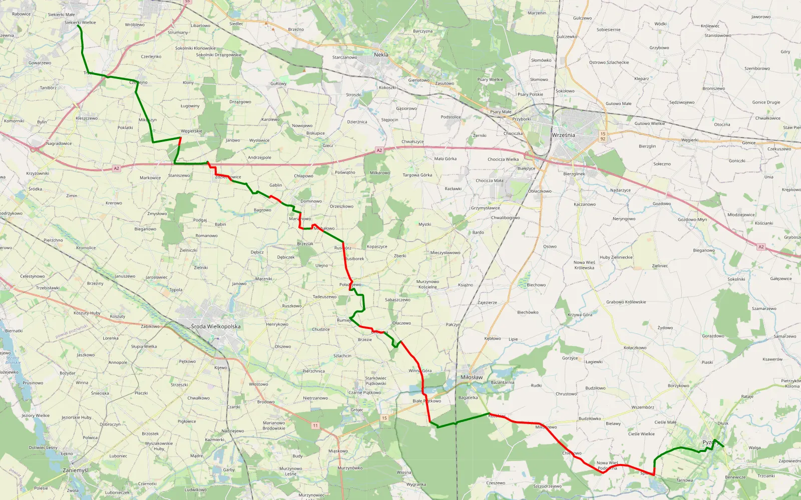 Map of Siekierki Wielkie - Pyzdry by Miki - 48.1 km offroad trail, Środa Wielkopolska County