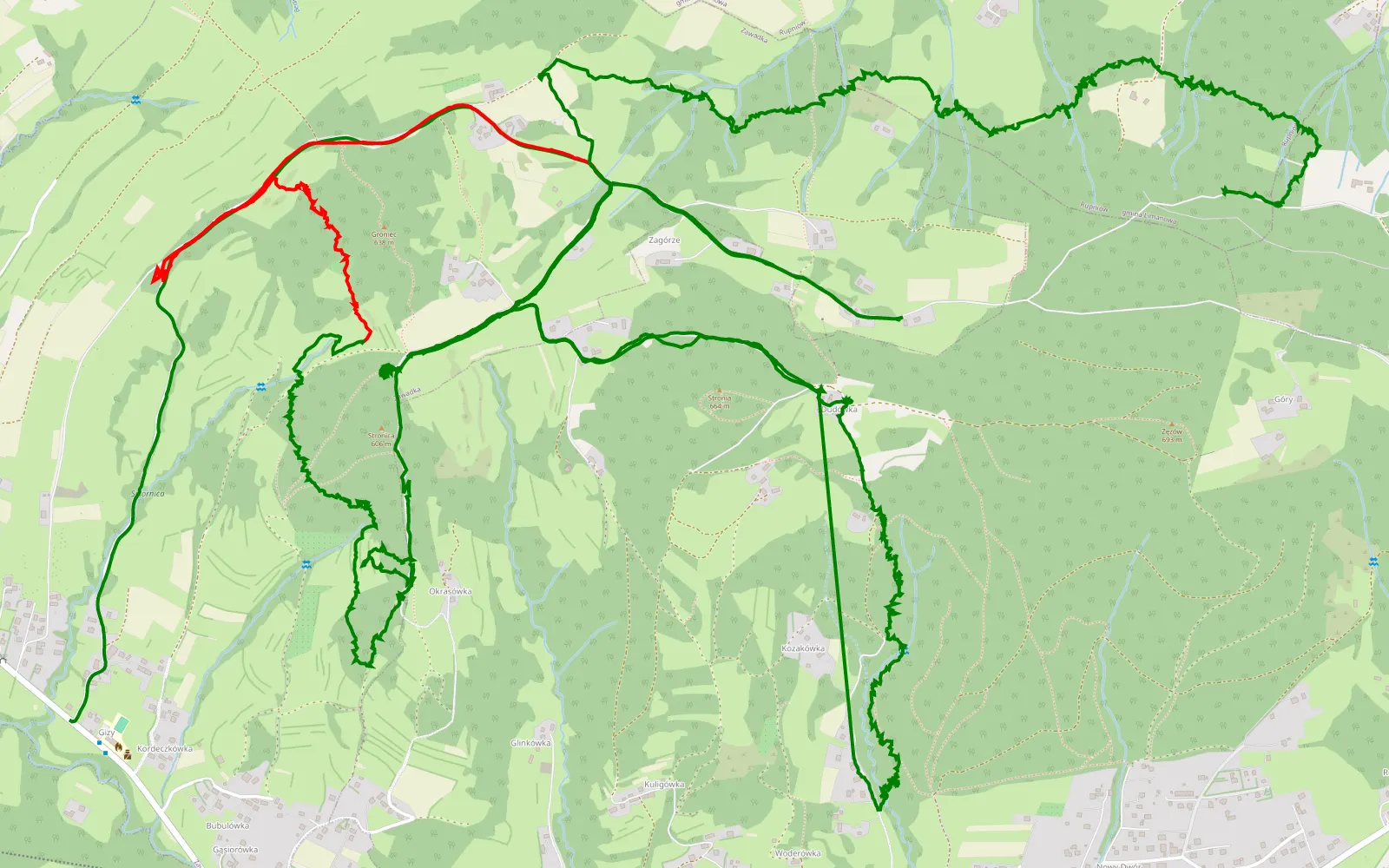 Mapa trasy Zawadka - Podłopień - 14.4 km trasy offroad, Powiat Limanowski