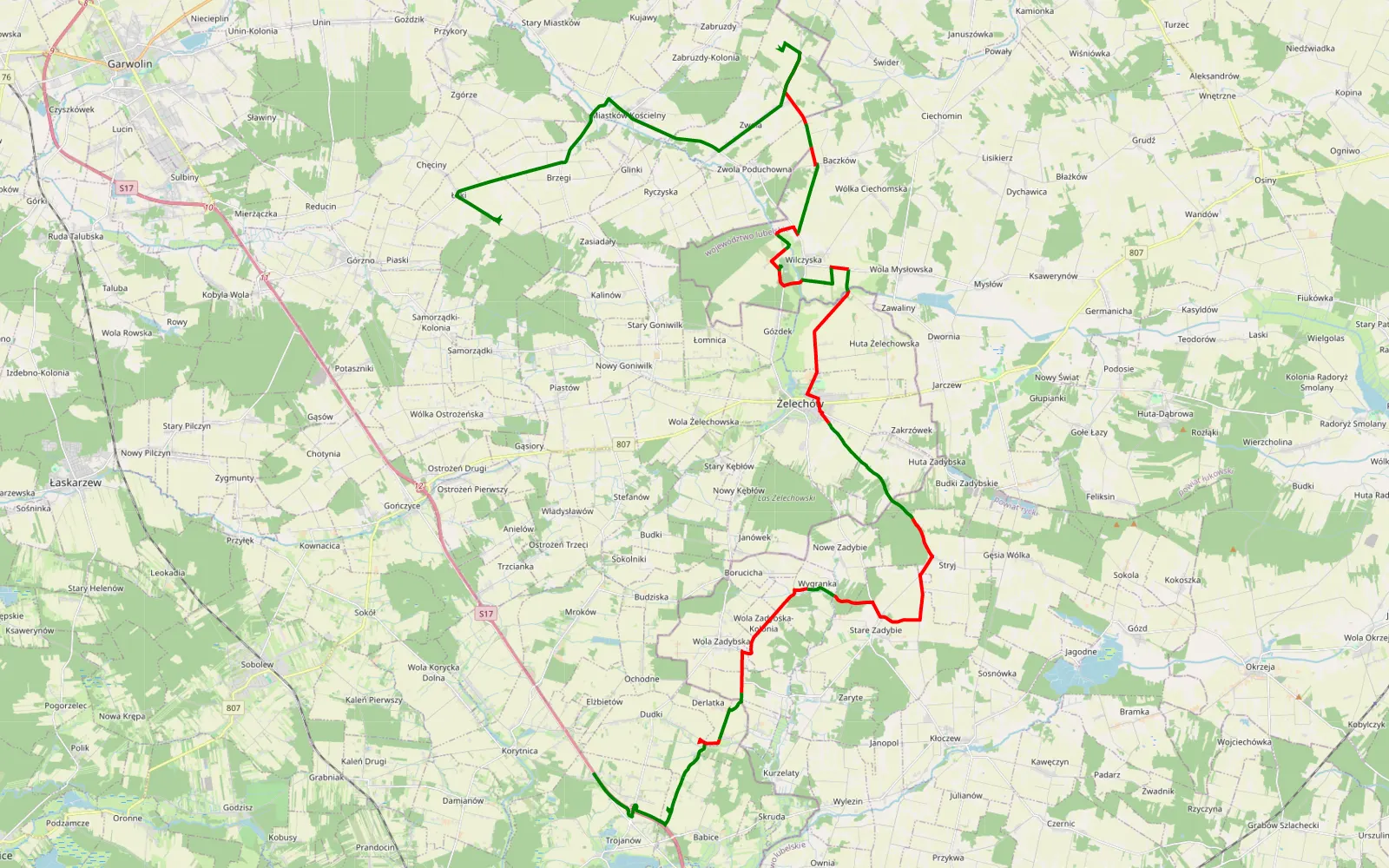 Map of Elżbietów - Łąki - 36.7 km offroad trail, Garwolin County