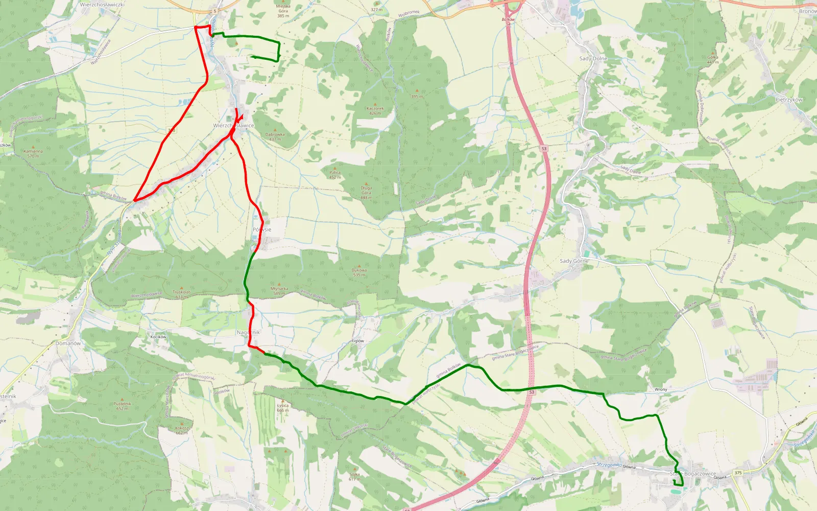 Map of Wrony - Stare Bogaczowice - 35.1 km offroad trail, Jawor County