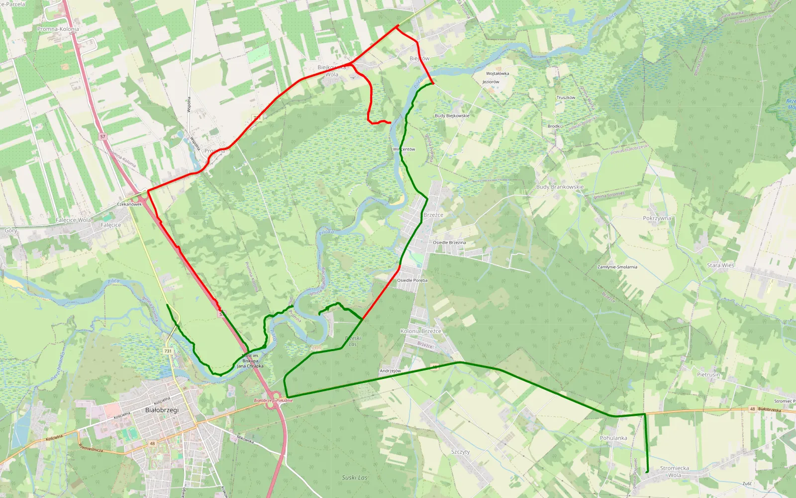 Mapa trasy Białobrzegi - Stromiecka Wola - 20.6 km trasy offroad, Powiat Białobrzeski