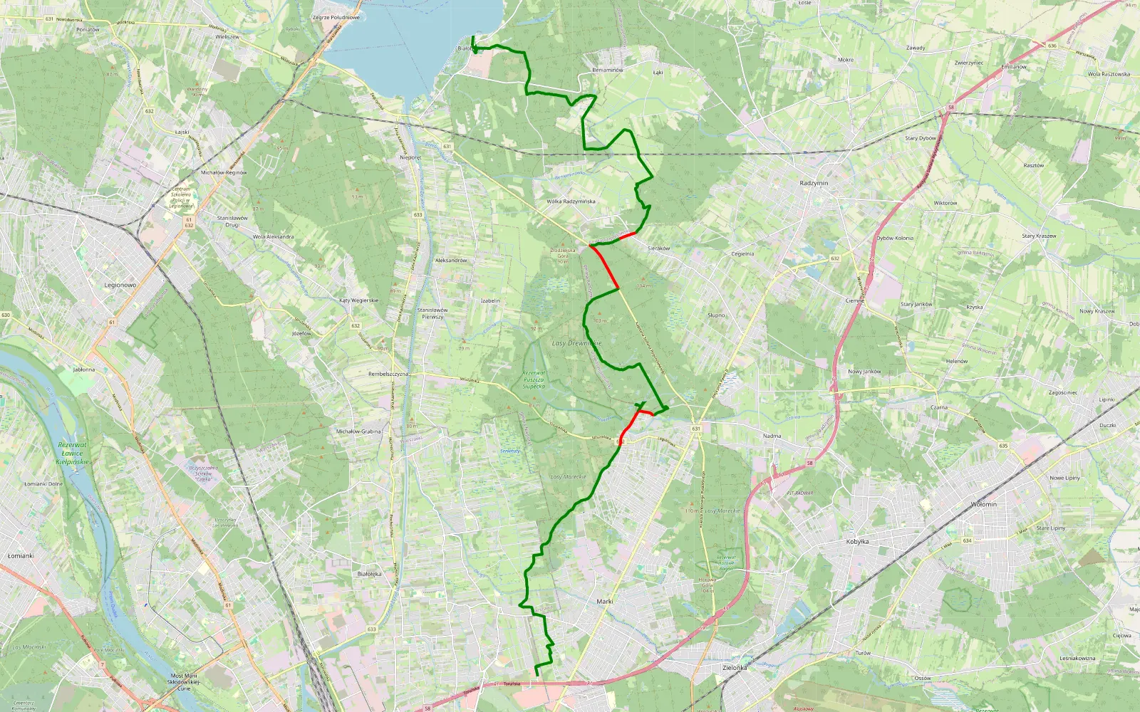 Mapa trasy Lewandów - Białobrzegi - 23.9 km trasy offroad, Powiat Wołomiński