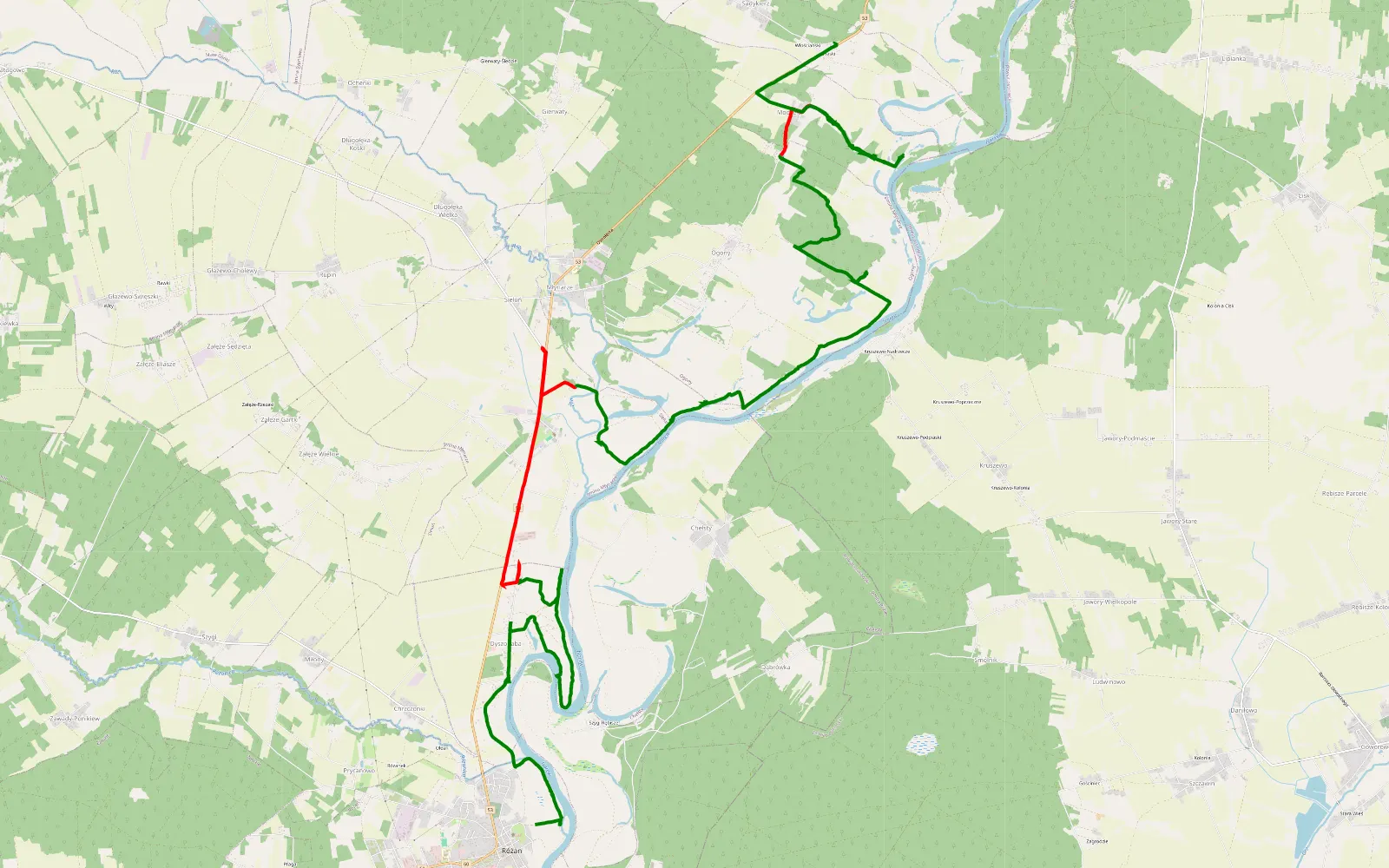 Map of Różan - Modzele - 23.3 km offroad trail, Maków County