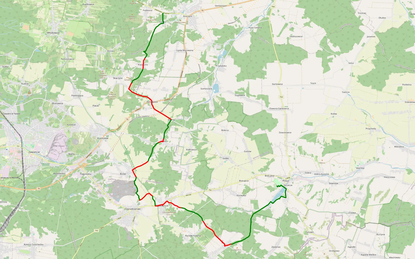 Mapa trasy Pilica - Lgotka - 26.6 km trasy offroad, Powiat Zawierciański