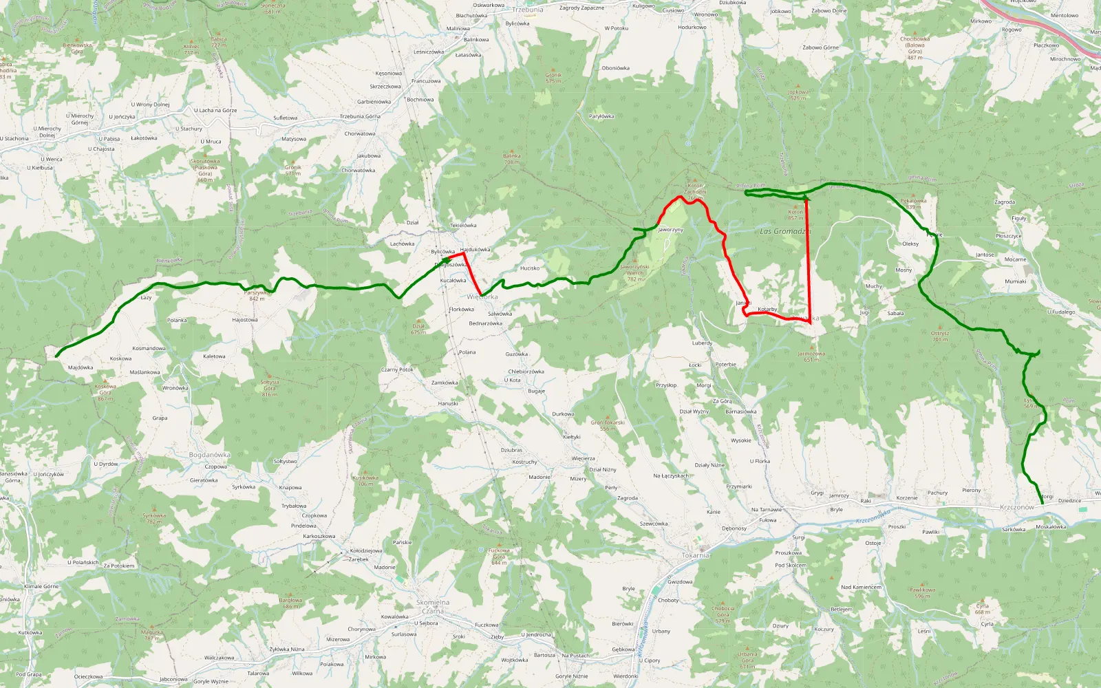 Mapa trasy Krzczonów - Jurkówka - 21.5 km trasy offroad, Powiat Myślenicki