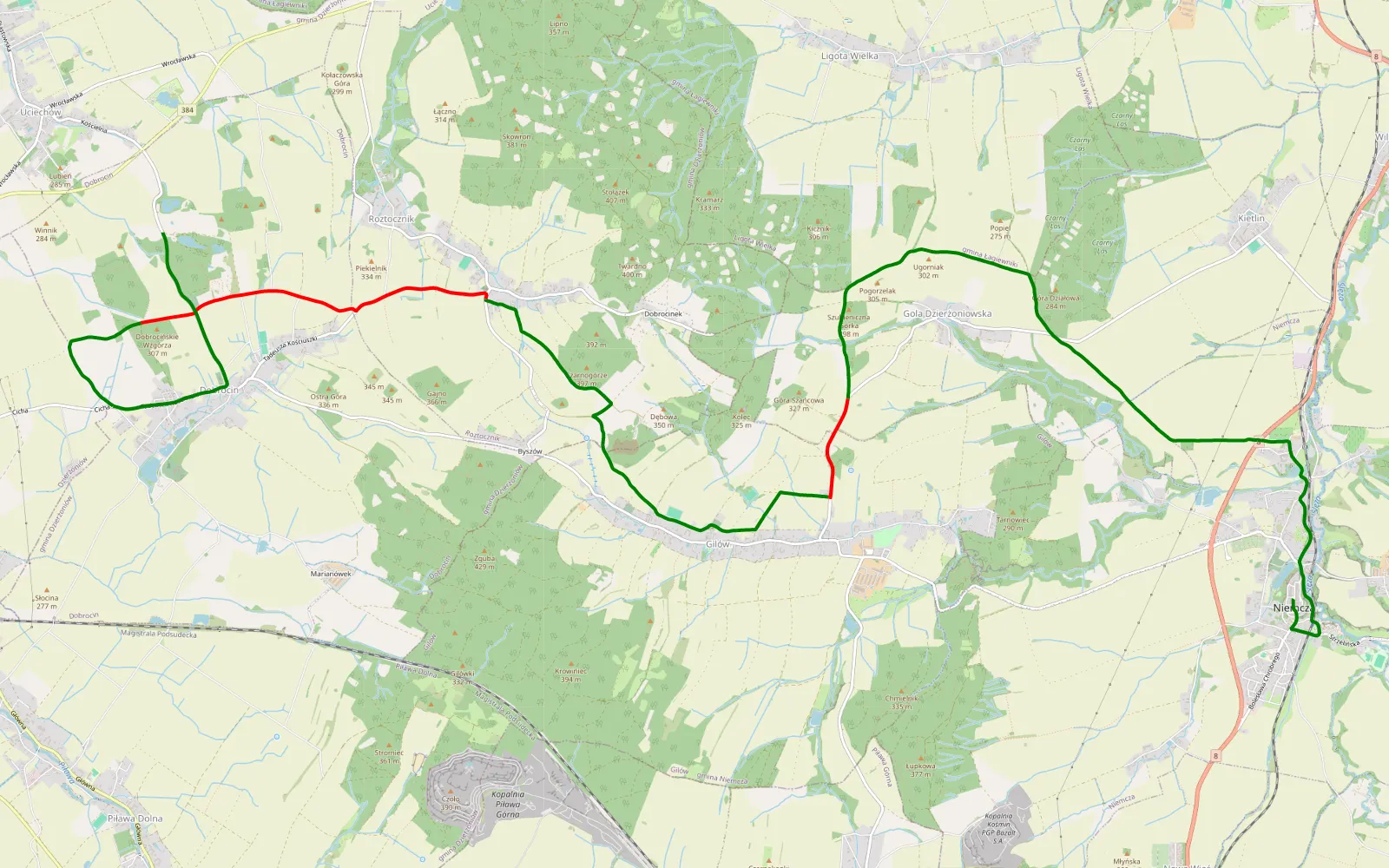 Map of Niemcza - Dobrocin - 15.3 km offroad trail, Dzierżoniów County