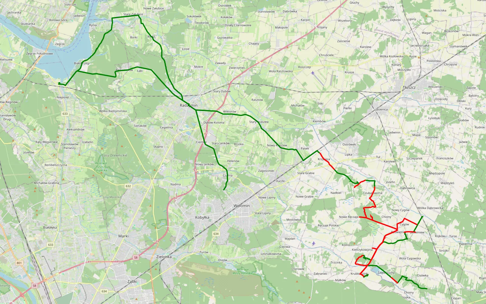 Mapa trasy Cisówka - Wolominek - 49.4 km trasy offroad, Powiat Wołomiński