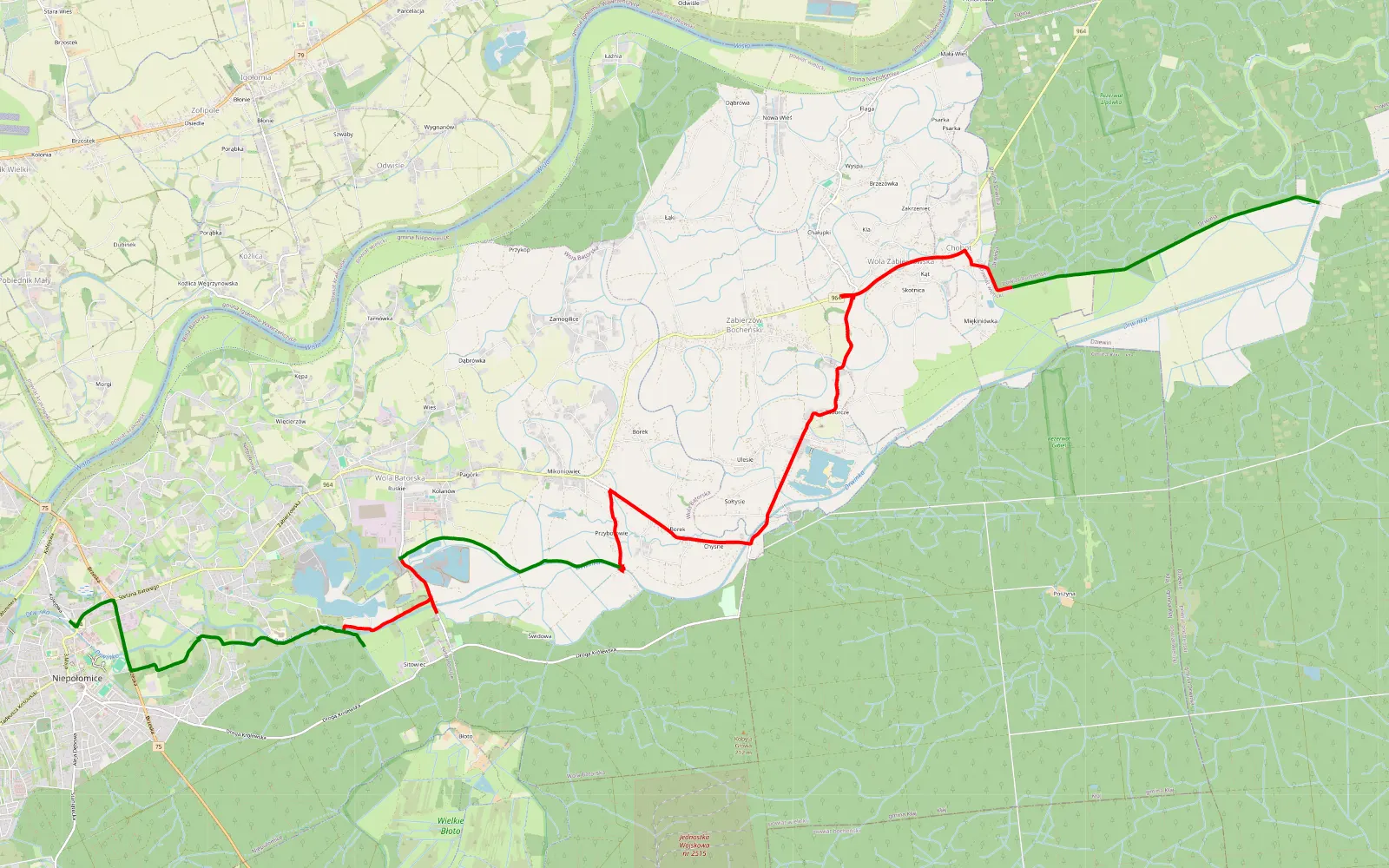 Map of Drwinia - Niepołomice - 17.7 km offroad trail, Wieliczka County