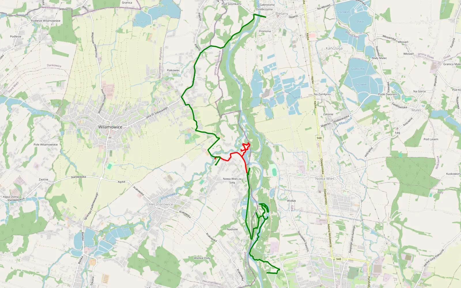 Mapa trasy Kęty - Bielany - 10.1 km trasy offroad, Powiat Oświęcimski