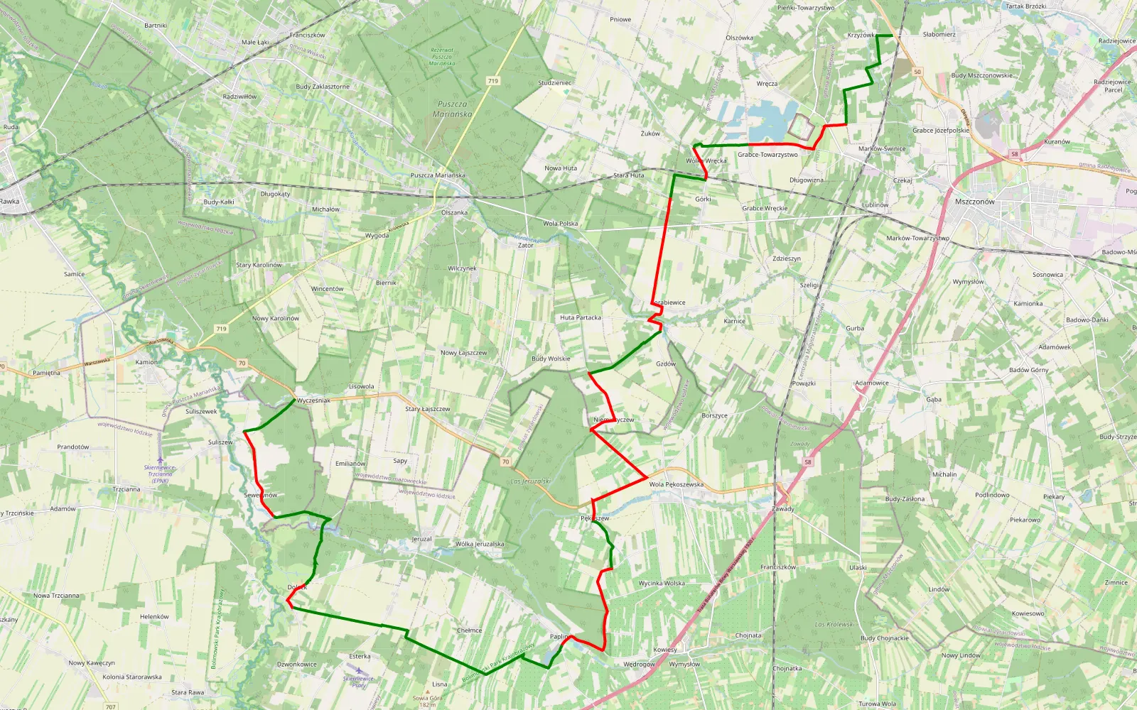 Map of 70-50 cala - 36 km offroad trail, Skierniewice County