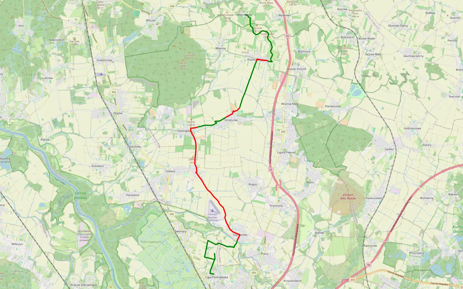 Mapa trasy Lipa Piotrowska - wzgórza trzebnickie - 19.2 km trasy offroad, Powiat Trzebnicki