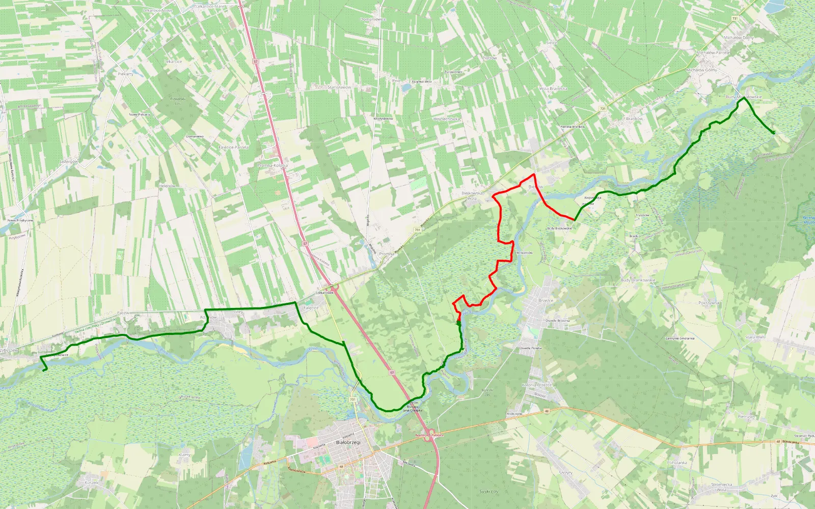 Map of Budy Michałowskie - Przybyszew no 2 - 17.4 km offroad trail, Białobrzegi County
