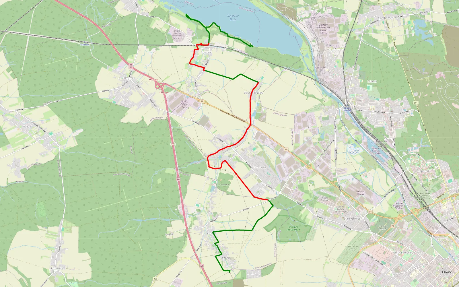 Mapa trasy Jezioro Dzierżno - 16 km trasy offroad, Powiat Gliwicki