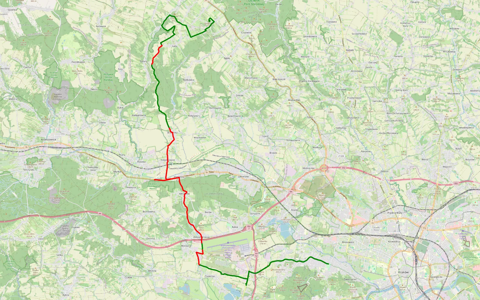 Mapa trasy Wola Justowska - Źródło Pióro - Lepianka - 24.7 km trasy offroad, Powiat Krakowski