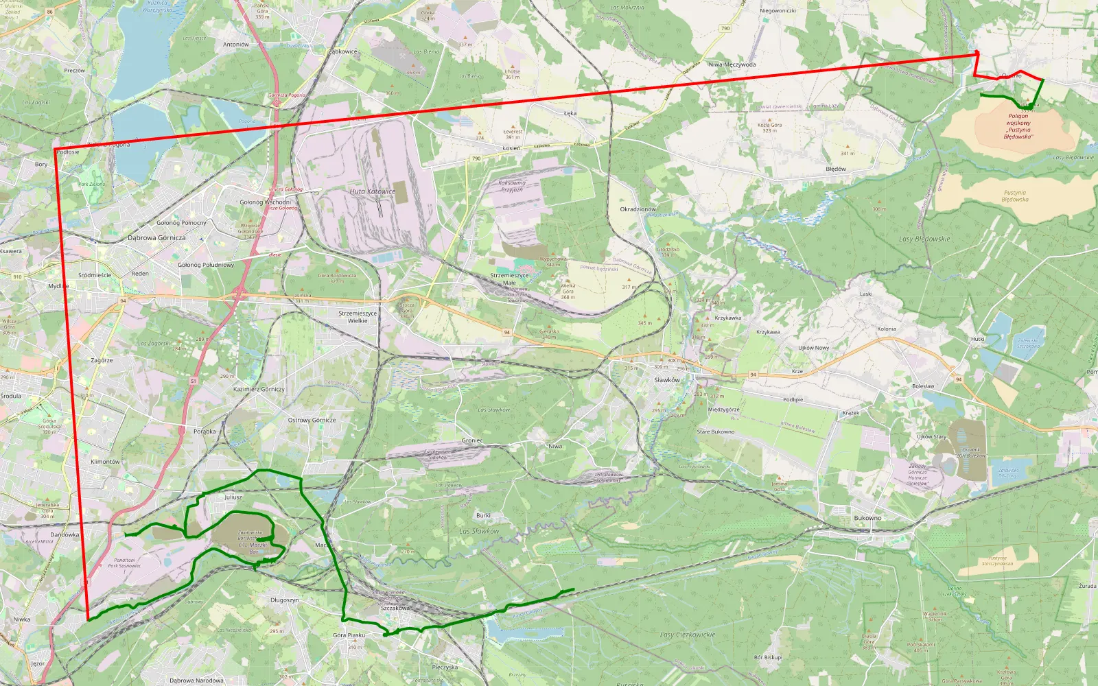 Mapa trasy Chechło - Podłosie - 57.7 km trasy offroad, Sosnowiec