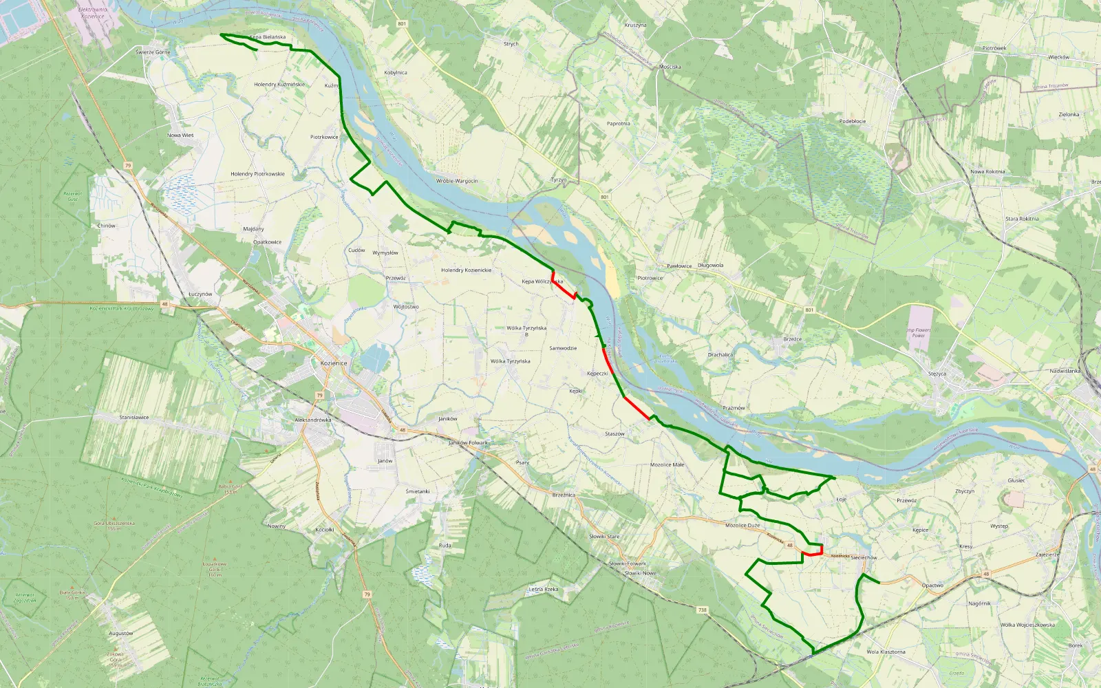 Mapa trasy Holendry Kuźmińskie - Sieciechów - 36.6 km trasy offroad, Powiat Kozienicki
