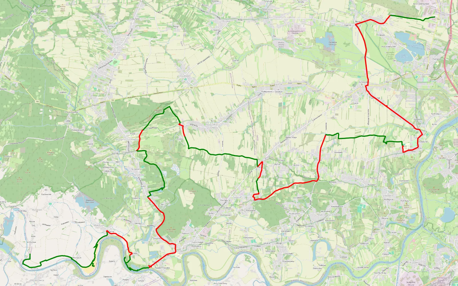 Mapa trasy Kryspinów - Liszki - Czernichów + dwie plaże nad Wisłą - 41.4 km trasy offroad, Powiat Krakowski